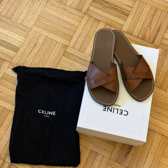CELINE BROWN LEATHER SANDAL SLIDES - Picture 1 of 5
